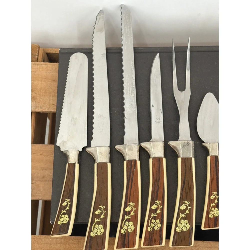 Vintage Lifetime Cutlery Sheffield England 15pc MCM Gold Floral Faux Wood Handle